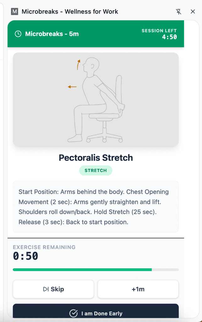 MicroBreaks Chrome Extension Side Panel Interface